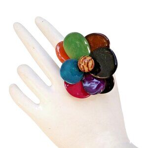Colorful Hand Carved Tagua Nut Flower Statement Ring Size 7 - New